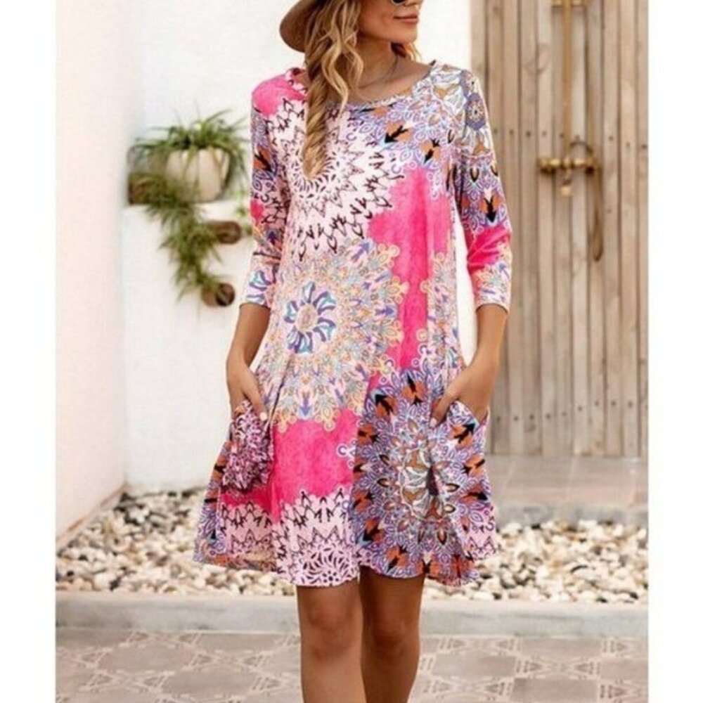 NWT Coeur de Vague Women's Pink Mandala Side-Pocket Shift Dress Size XL